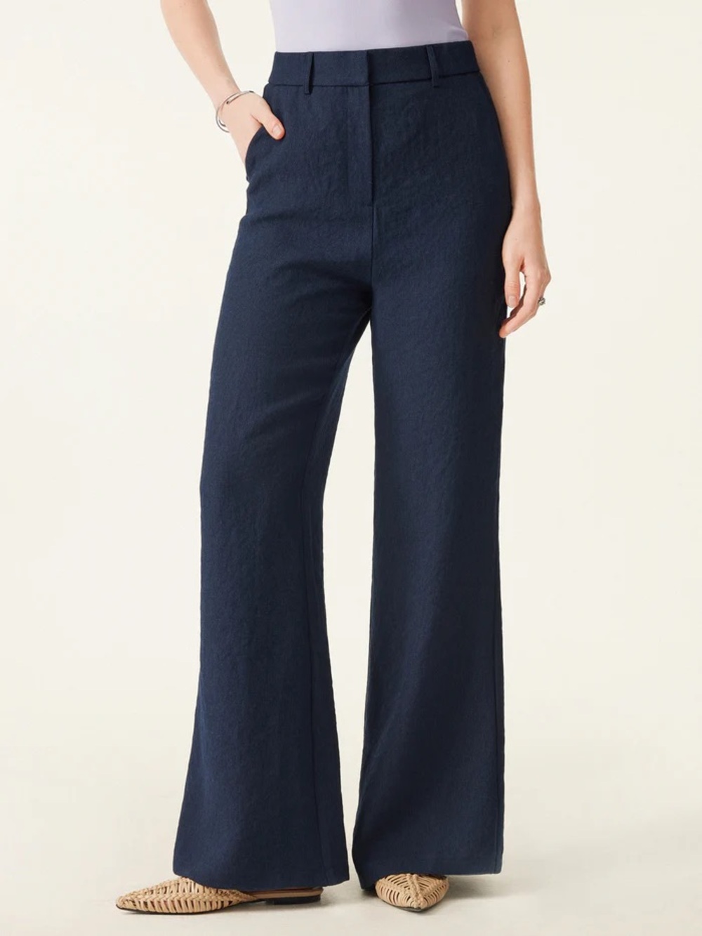 NWT OGL European Linen Mid Rise Flared Pant with Pockets in Navy